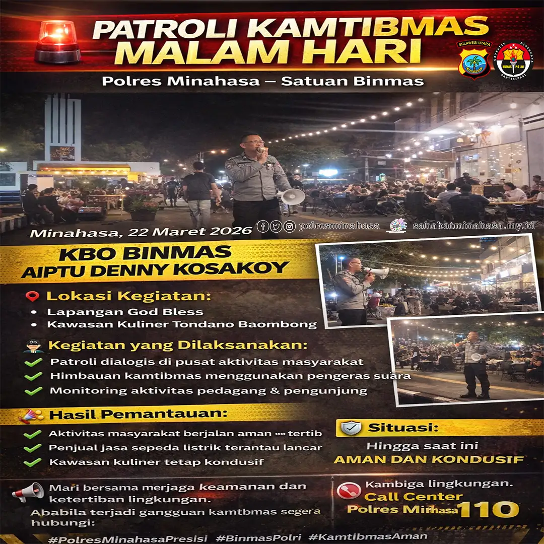 Satuan Binmas Polres Minahasa Laksanakan Patroli dan Himbauan Kamtibmas, Situasi Aman dan Kondusif